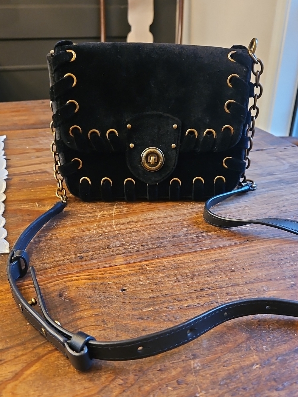 Black Suede Crossbody Bag with Gold Eyelet Detail